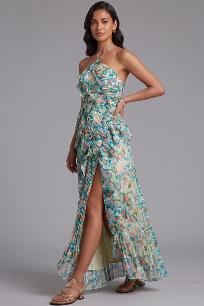 Green Pleated Chiffon A-Line Maxi Dress with High Slit and Cascading Ruffles green, teal pleated chiffon dress - product view 2