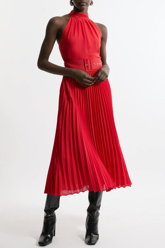Georgette Belted Pleat Halter Woven Midi Dress