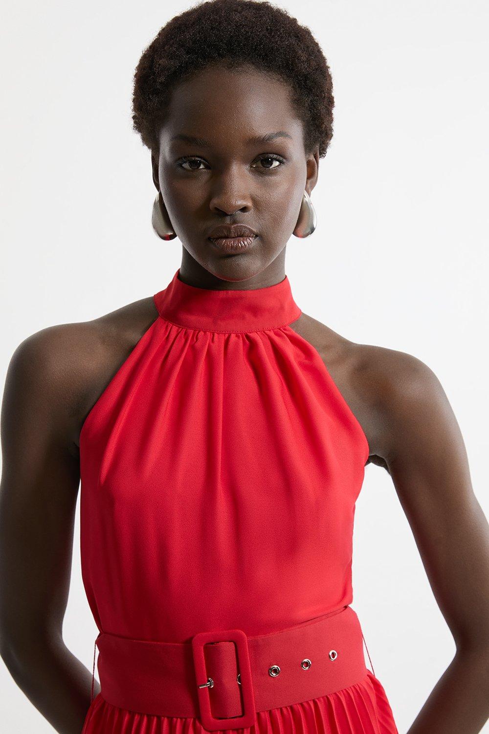 Georgette Belted Pleat Halter Woven Midi Dress