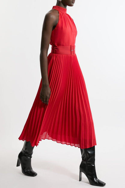 Georgette Belted Pleat Halter Woven Midi Dress