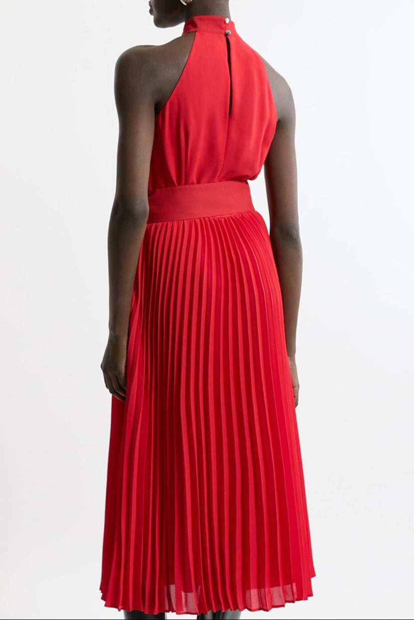 Georgette Belted Pleat Halter Woven Midi Dress