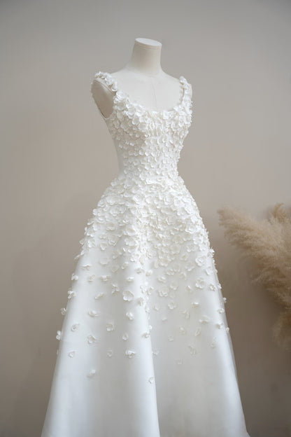 White Satin A-Line Midi Dress with 3D Floral Appliqués