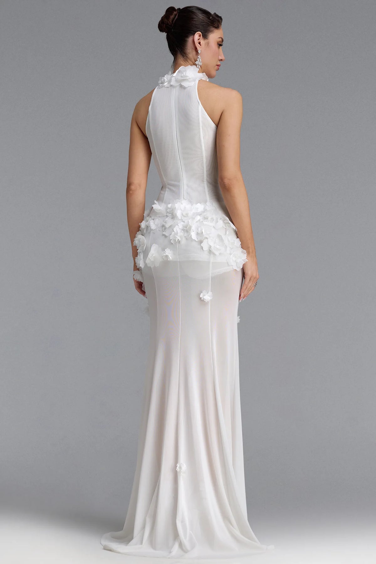 White Halter Maxi Dress with 3D Floral Embellishments Premium Fabric - product view 5