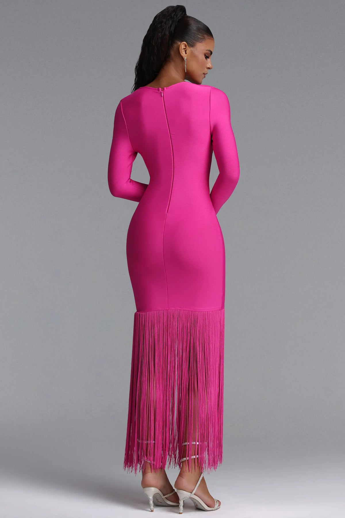 Pink Long Sleeve Fringe Midi Dress Premium Fabric - product view 5