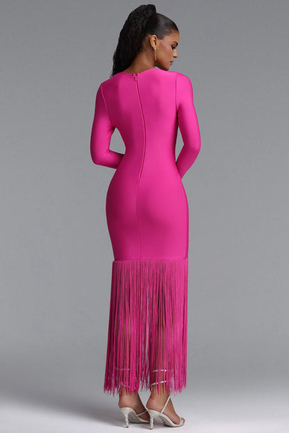 Pink Long Sleeve Fringe Midi Dress Premium Fabric - product view 5