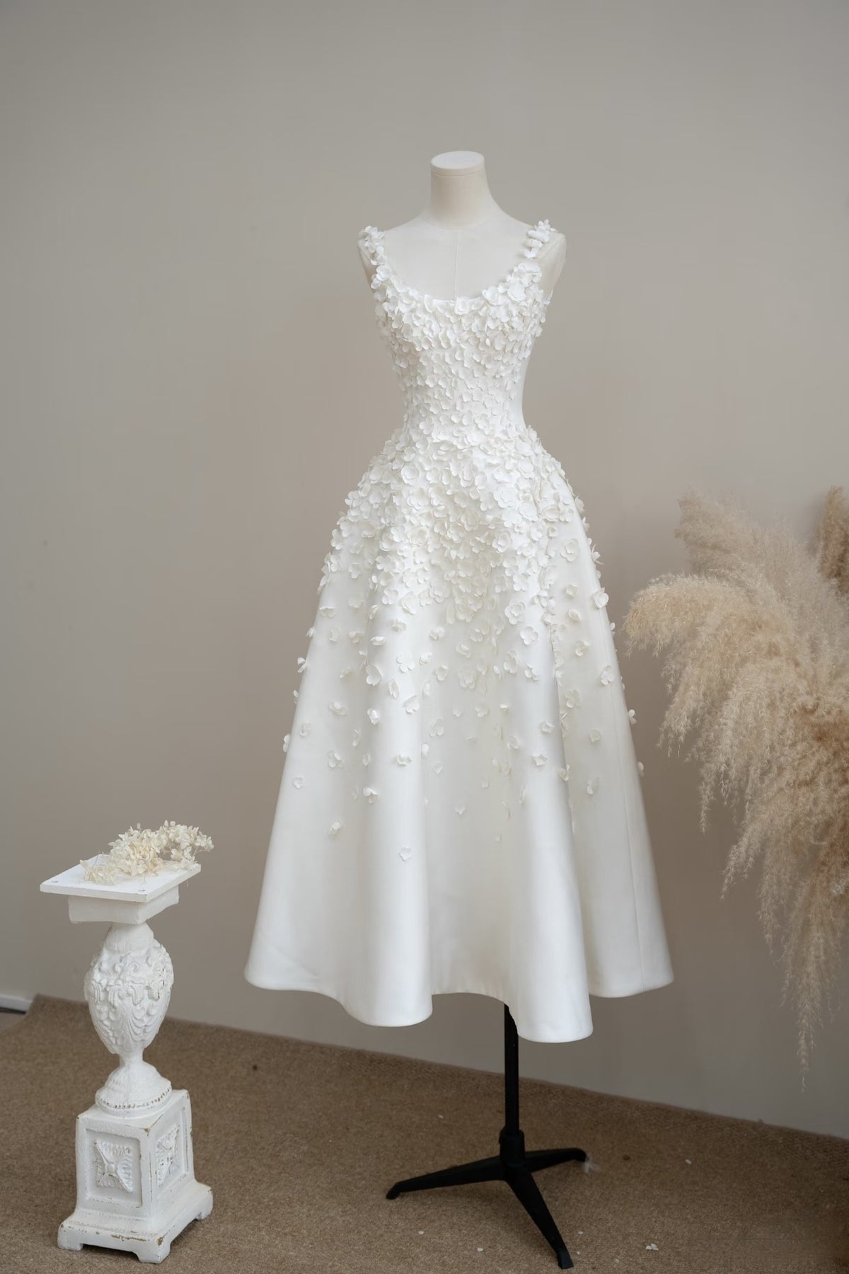 White Satin A-Line Midi Dress with 3D Floral Appliqués