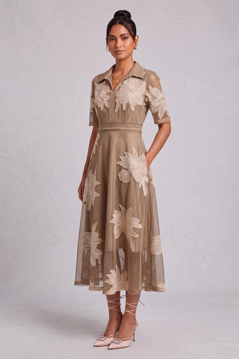 Taupe Fine Mesh Tulle A-Line Midi Dress with Floral Applique taupe, brown fine mesh tulle dress - product view 2