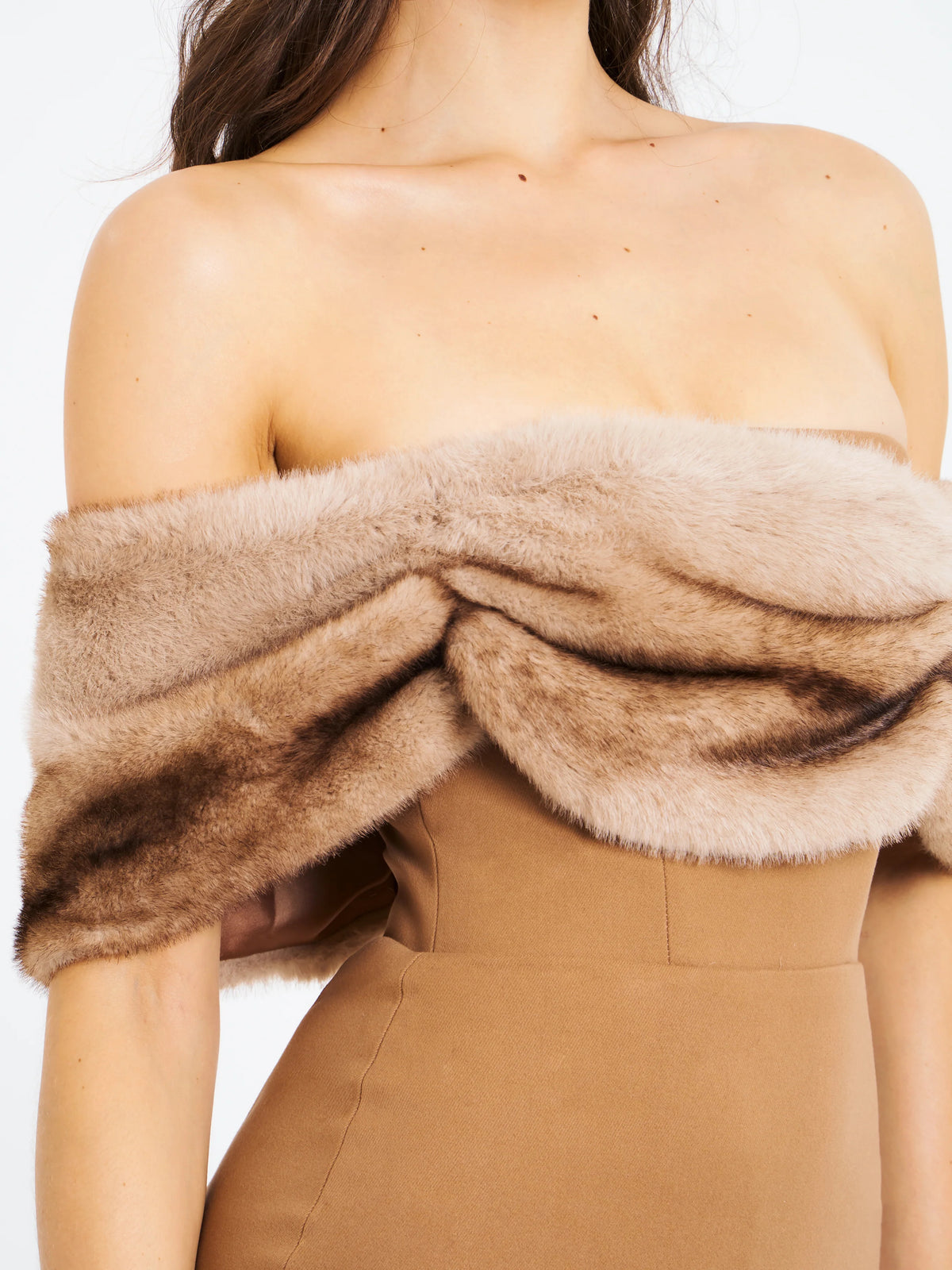 Turmeric Off Shoulder Fur Trim Mini Dress