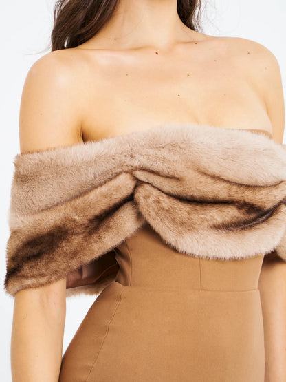 Turmeric Off Shoulder Fur Trim Mini Dress