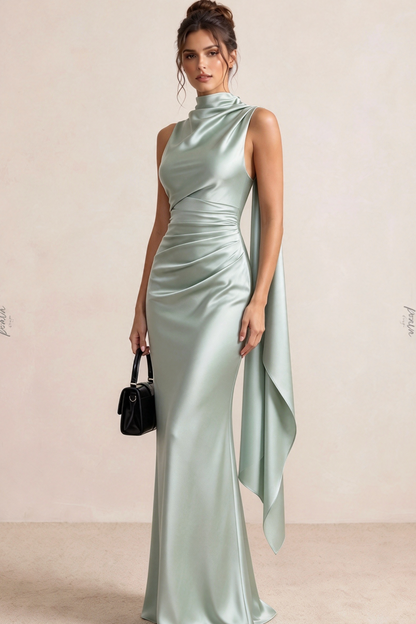 Sage Green Satin Asymmetrical Evening Gown with Draped Panel