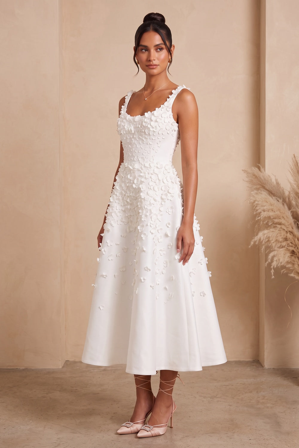 White Satin A-Line Midi Dress with 3D Floral Appliqués white satin dress - product view 2