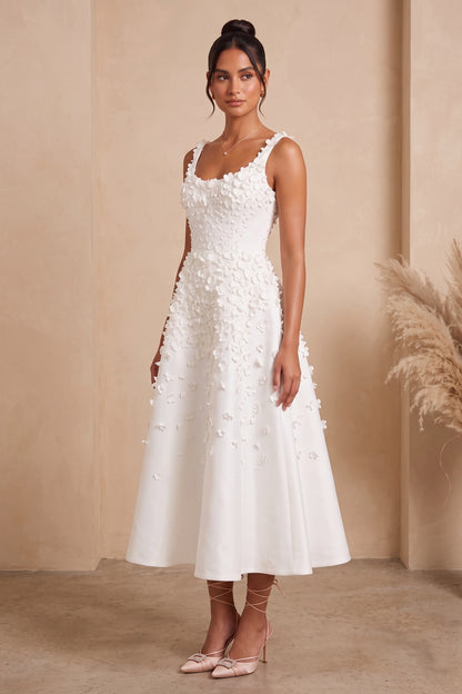 White Satin A-Line Midi Dress with 3D Floral Appliqués white satin dress - product view 2