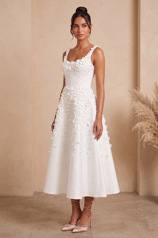 White Satin A-Line Midi Dress with 3D Floral Appliqués white satin dress - product view 2