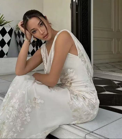 Draped Cowl Backless Floral Jacquard Mermaid Maxi Dress