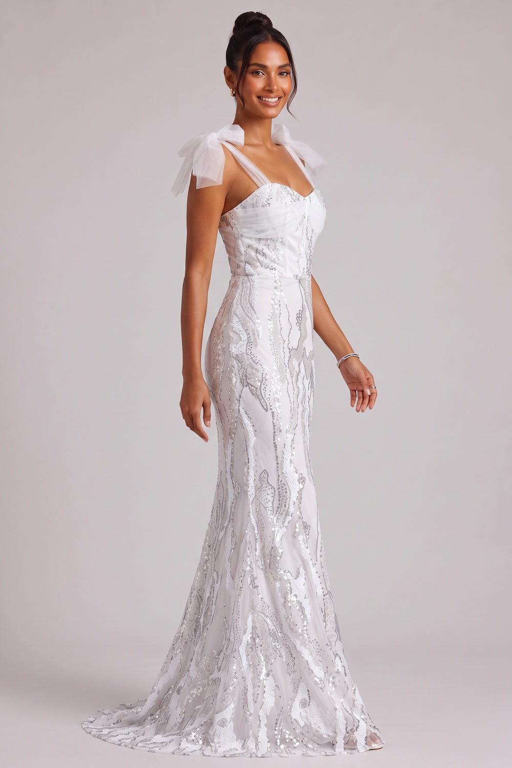 White Sequin Embellished Floor-Length Gown with Bow Shoulder Straps Premium Fabric - product view 5
