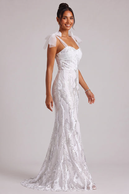 White Sequin Embellished Floor-Length Gown with Bow Shoulder Straps Premium Fabric - product view 5