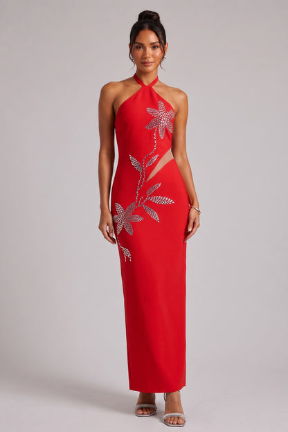 Red Halter Neck Evening Gown with Silver Floral Embellishments Premium Fabric - product view 4