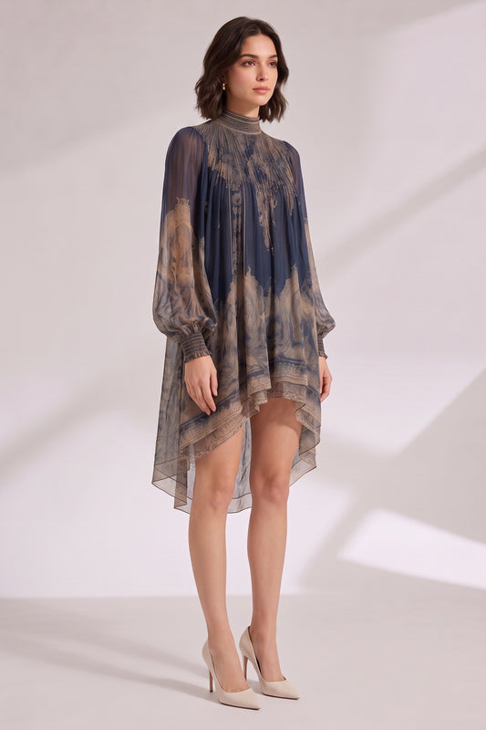 Navy Blue Sheer Chiffon Loose A-Line High-Low Drape Mini Dress navy blue sheer chiffon mini dress - product view 2