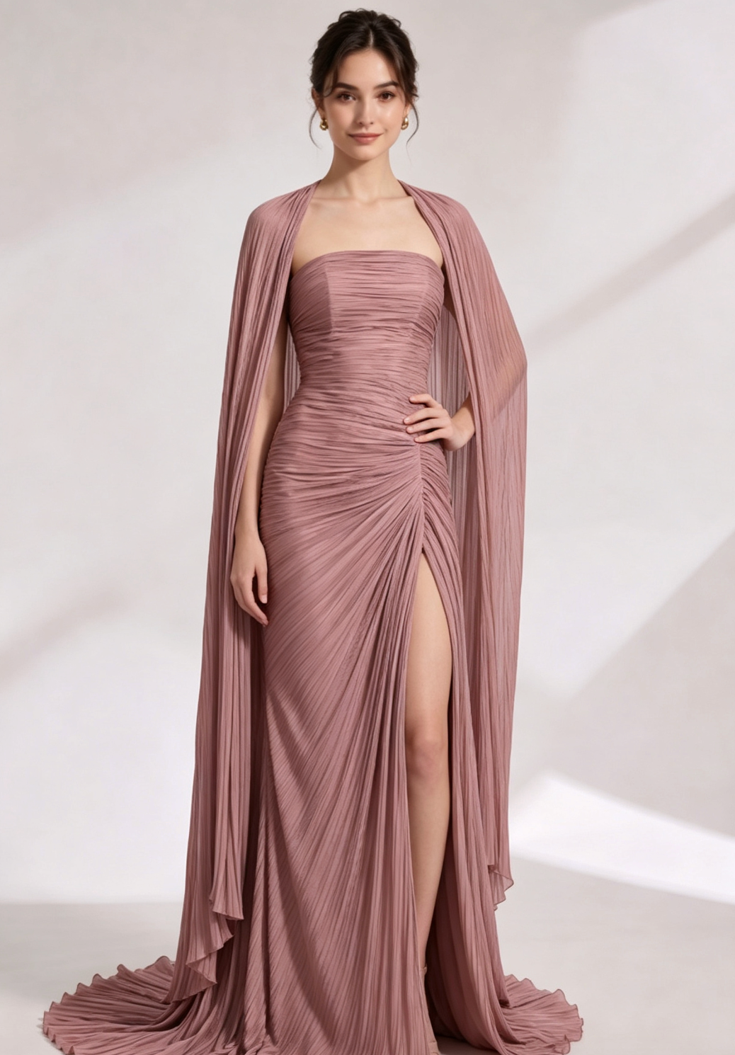 Dusty Rose Plissé Chiffon Strapless Gown with Draped Cape and Train