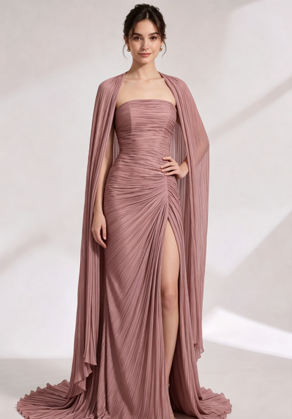 Dusty Rose Plissé Chiffon Strapless Gown with Draped Cape and Train