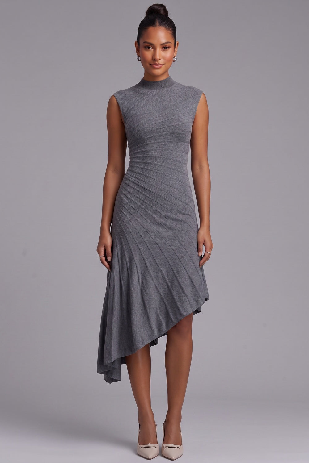Grey Asymmetric Hem Midi Dress Premium Fabric - product view 2