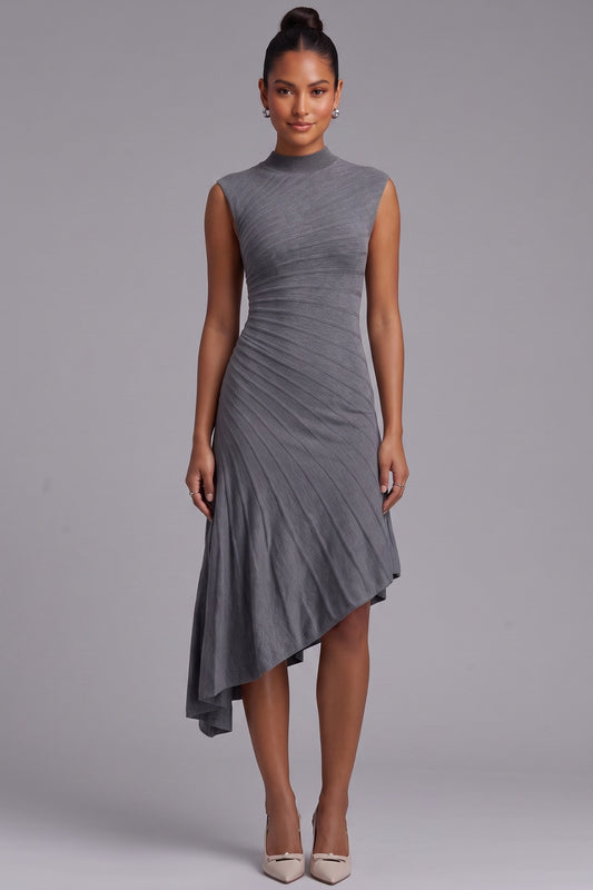 Grey Asymmetric Hem Midi Dress Premium Fabric - product view 2