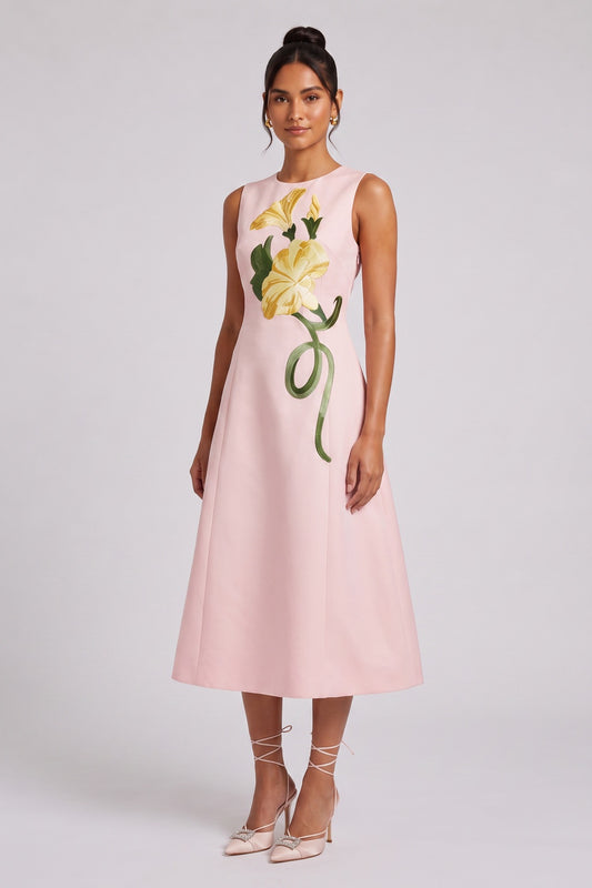Pale Pink Structured Woven A-Line Midi Dress with Placement Floral pale pink structured woven fabric dress - product view 1