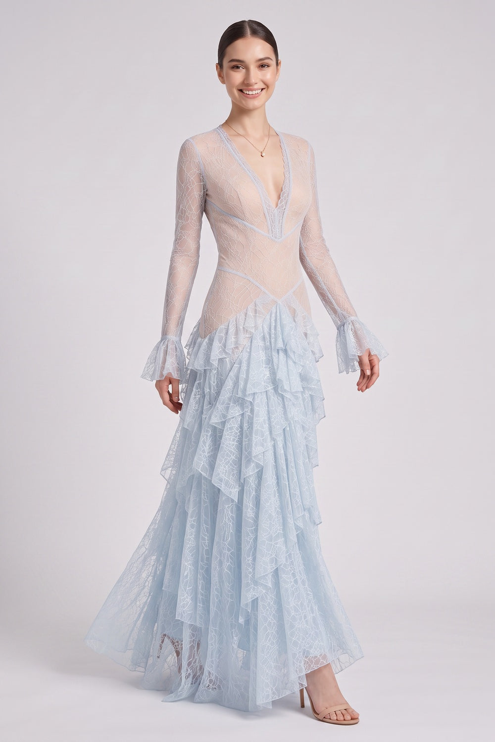 Light Blue Floral Lace Tiered A-Line Gown light blue floral lace gown - product view 4