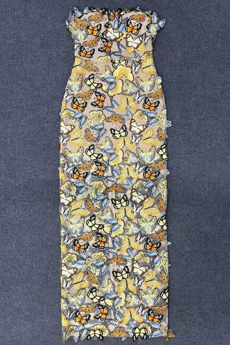 vivien multicolor 3D Butterfly Lace Strapless maxi Dress