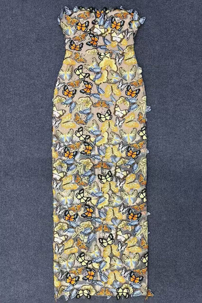 vivien multicolor 3D Butterfly Lace Strapless maxi Dress