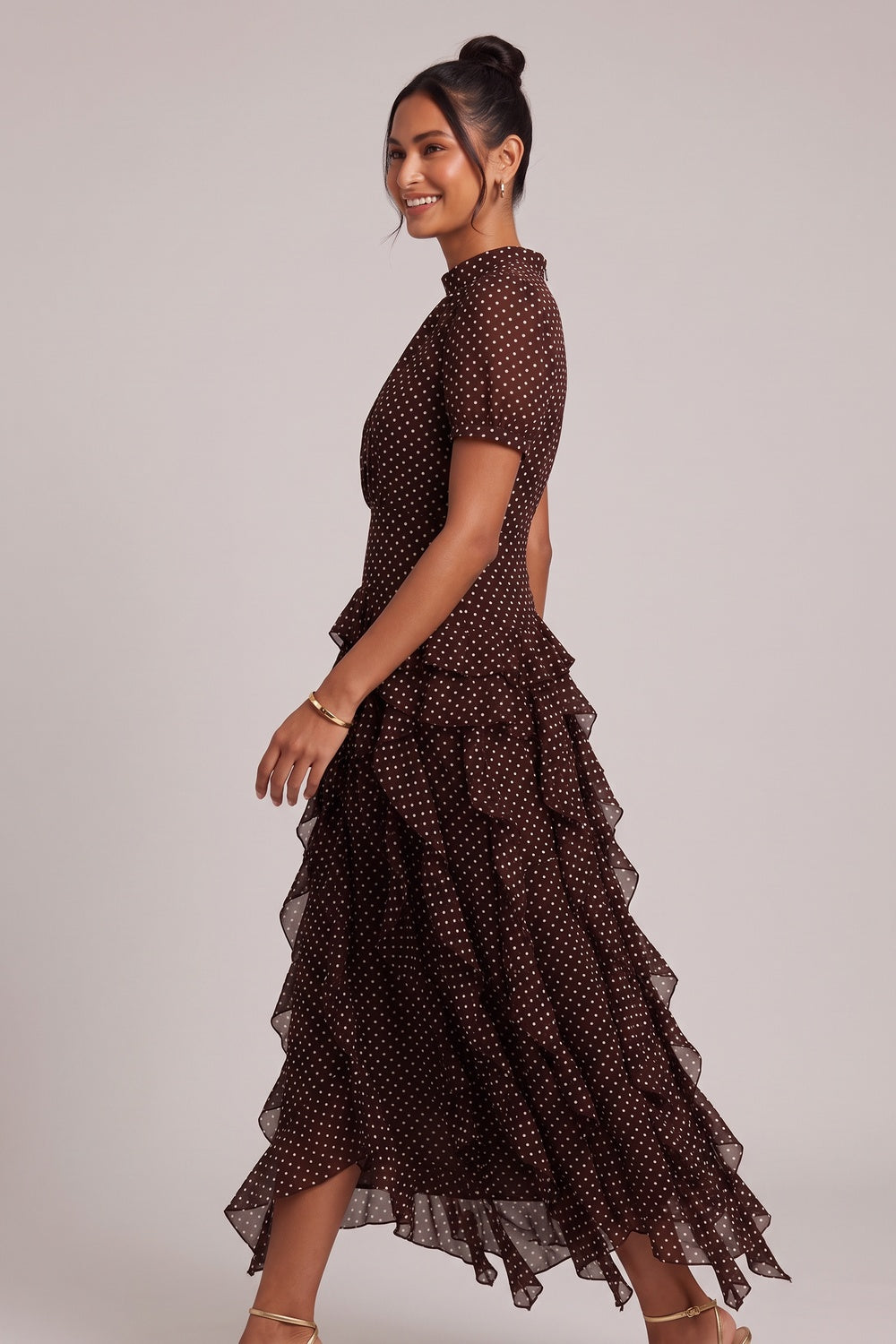 Brown Polka Dot Tiered Ruffle Midi Dress Premium Fabric - product view 5