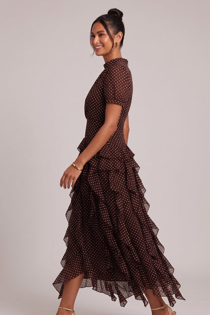 Brown Polka Dot Tiered Ruffle Midi Dress Premium Fabric - product view 5