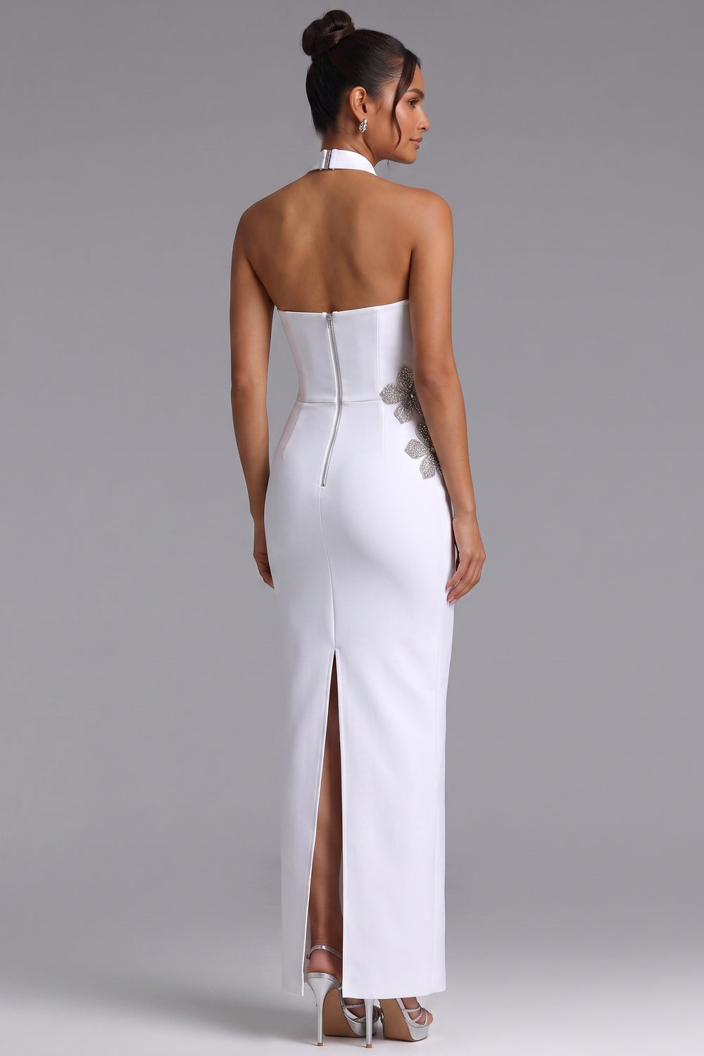 White Crepe Column Gown with Silver Floral Embellishment white crepe gown - product view 5
