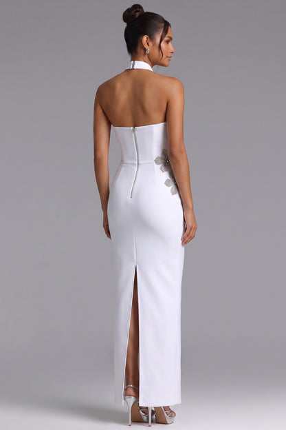 White Crepe Column Gown with Silver Floral Embellishment white crepe gown - product view 5