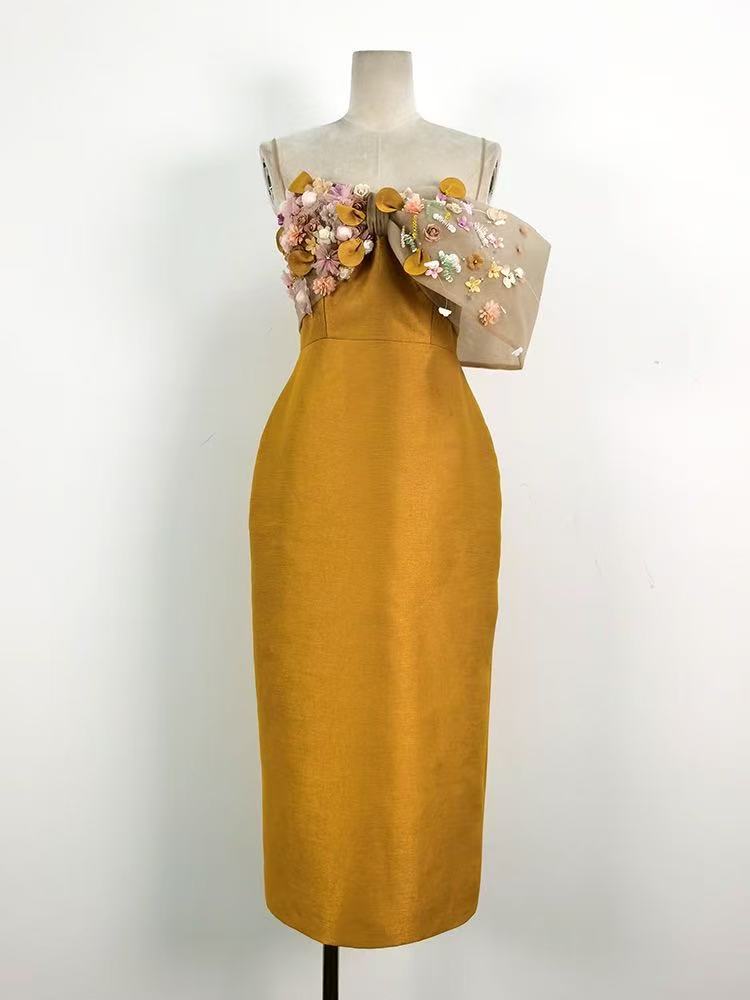 3D Floral Spaghetti Strap Satin Midi Bodycon Dress