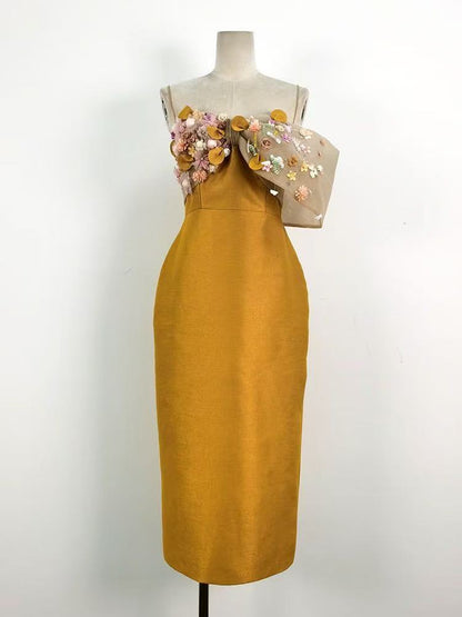 3D Floral Spaghetti Strap Satin Midi Bodycon Dress