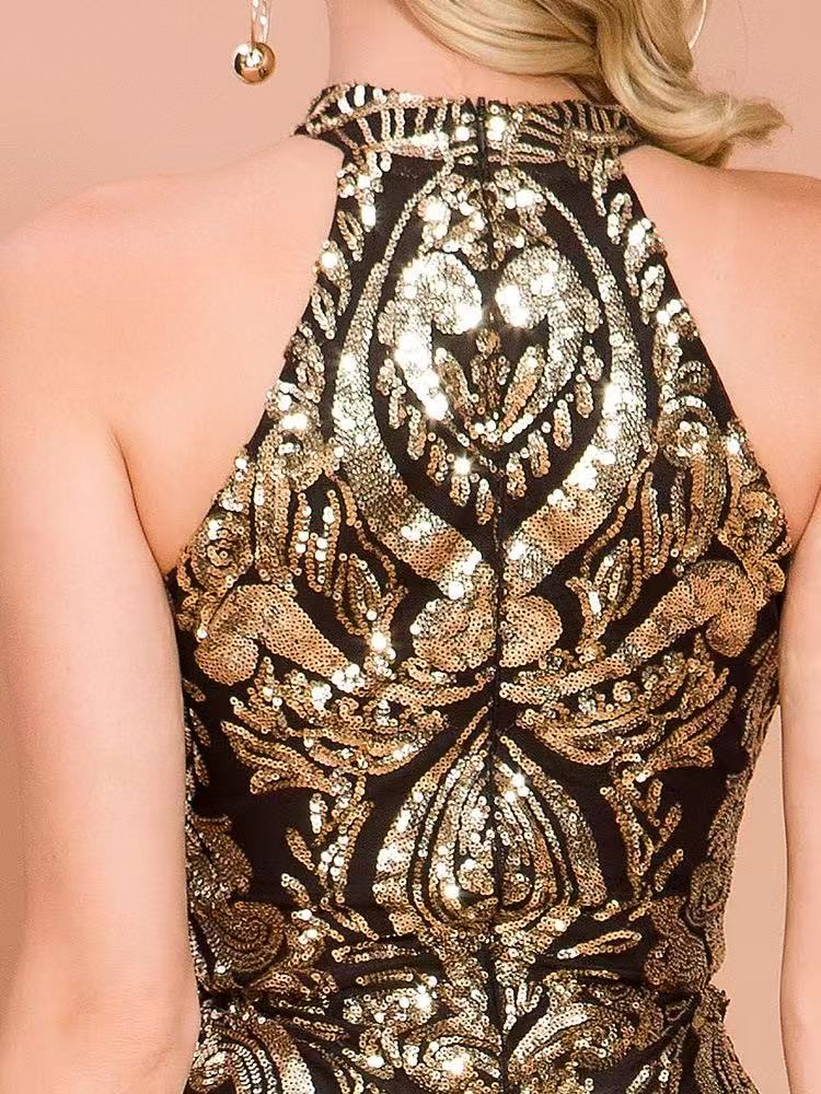 Halterneck Damask Sequin Bodycon Mini Dress