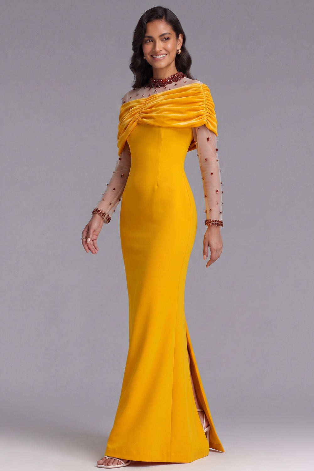 Yellow Velvet Off-Shoulder Beaded Evening Gown Premium Fabric - product view 4