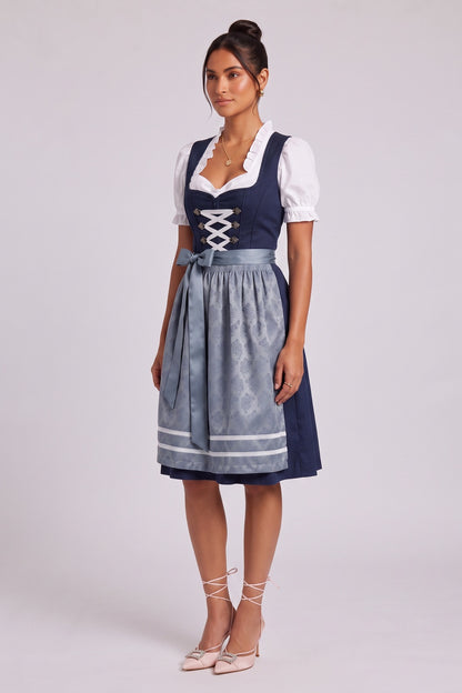 navy blue matte woven cotton-blend for bodice and skirt fit-and-flare dirndl set navy blue, white, dusty blue matte woven cotton-blend for bodice and skirt dirndl set - product view 2