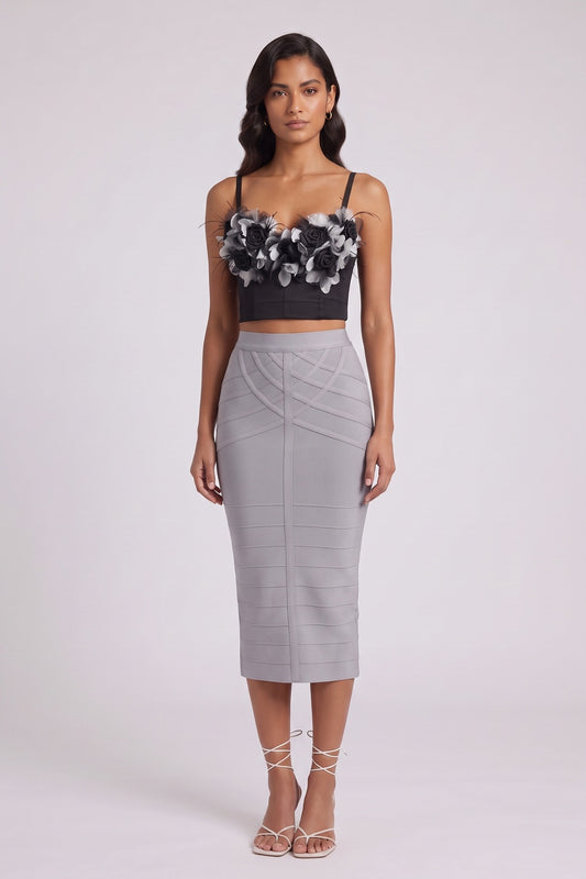 3D Floral Feather Spaghetti Strap Satin Corset Crop Top
