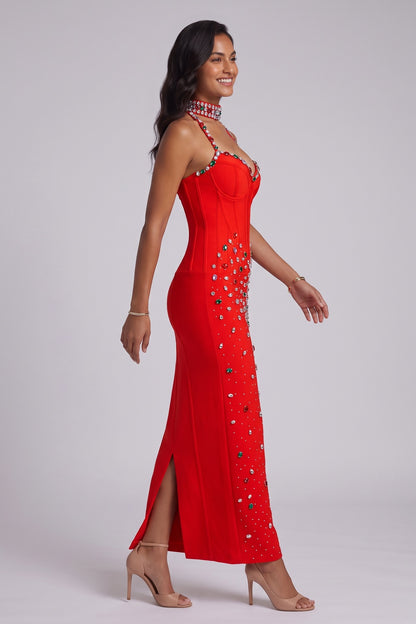 Red Crepe Sheath Dress with Embellished Halter Neck red crepe dress - product view 2