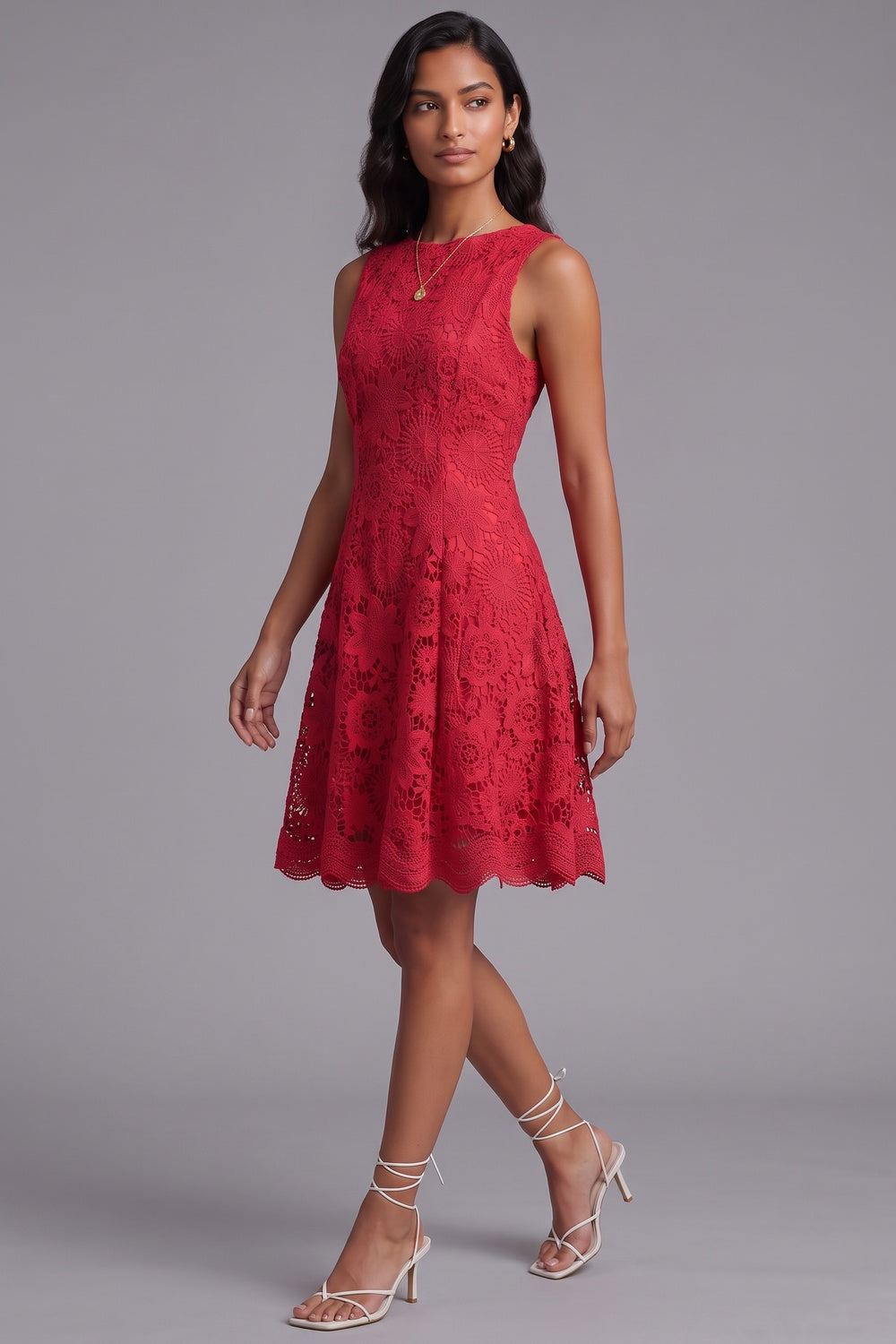 Red Guipure Lace Fit-and-Flare Dress red guipure lace dress - product view 2