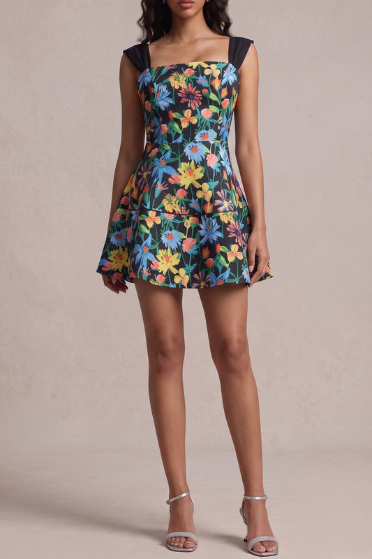 Square Neck Cap Sleeve Floral Print Mini Dress