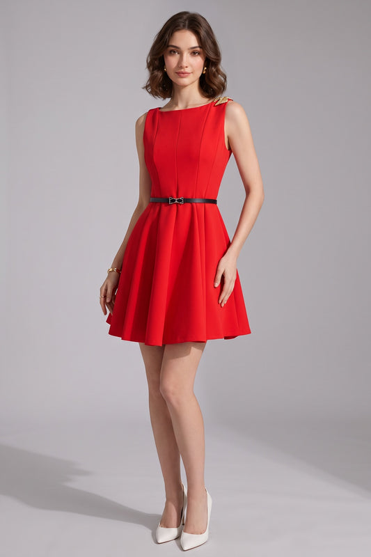 red structured crepe fit-and-flare skater dress red structured crepe skater dress - product view 1