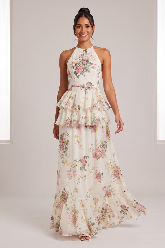 Ivory Chiffon Halter Gown with Tiered Peplum ivory chiffon gown - product view 1