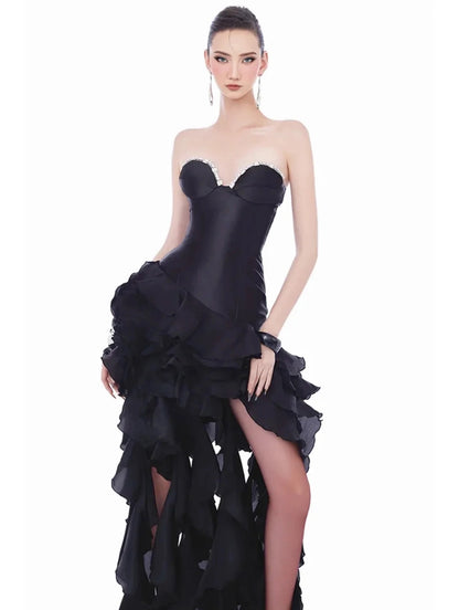 sabrina Ruffle Crystal strapless midi dress in black