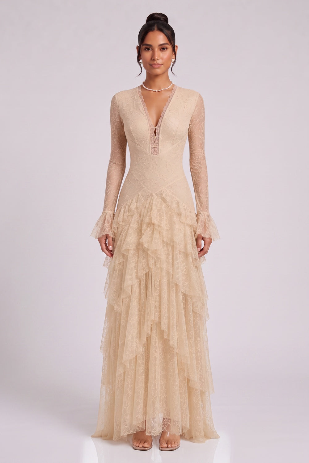 beige delicate floral lace fitted bodice with tiered flared skirt gown beige, champagne delicate floral lace gown - product view 3