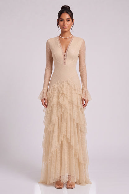 beige delicate floral lace fitted bodice with tiered flared skirt gown beige, champagne delicate floral lace gown - product view 3