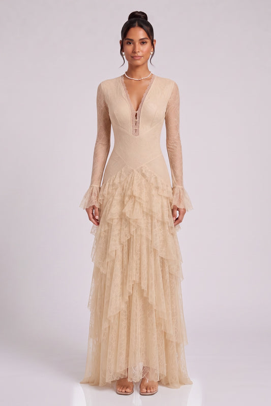 beige delicate floral lace fitted bodice with tiered flared skirt gown beige, champagne delicate floral lace gown - product view 3