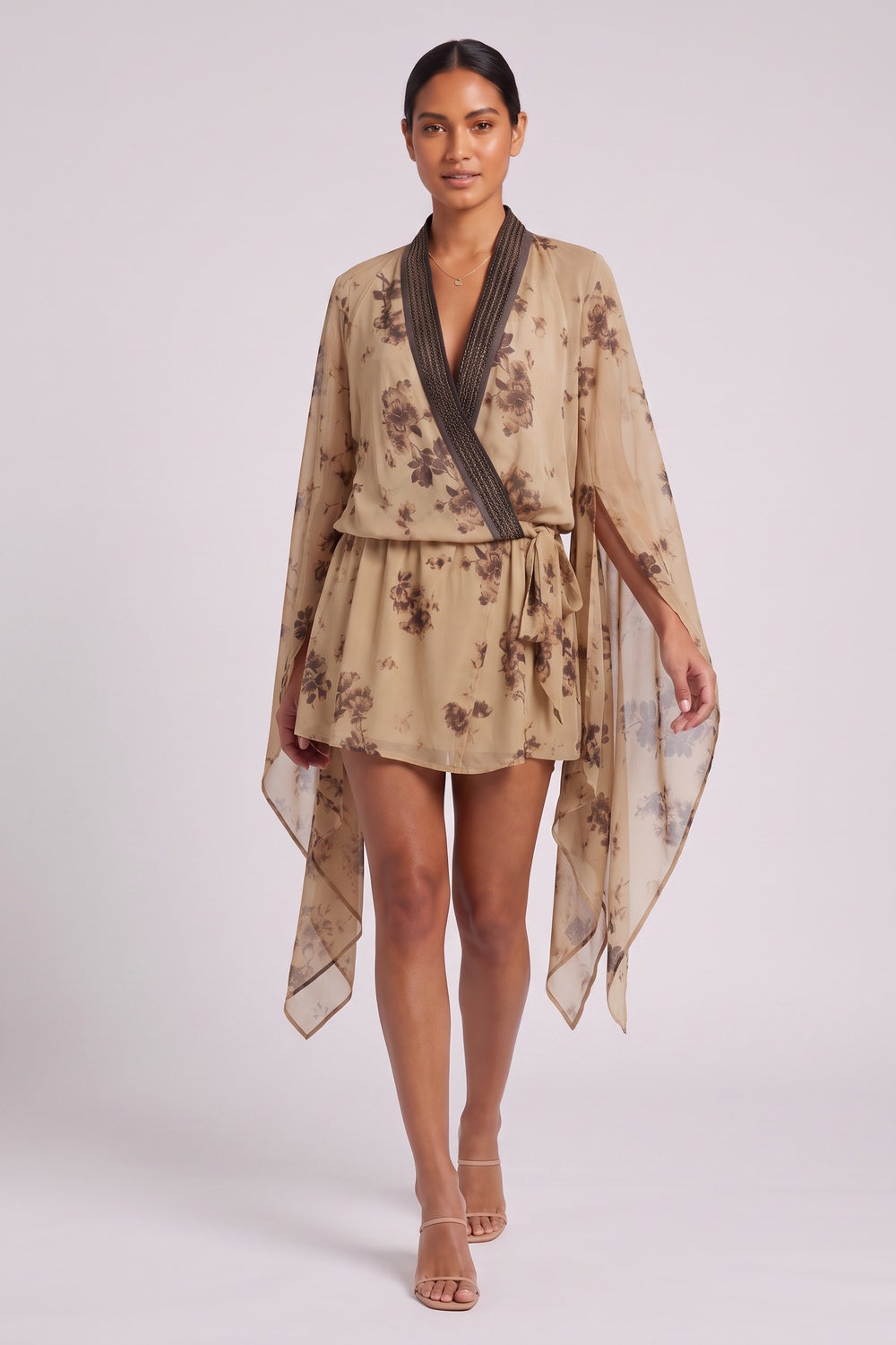 beige chiffon wrap-front blouson with draped cape sleeves mini dress beige, tan chiffon mini dress - product view 4